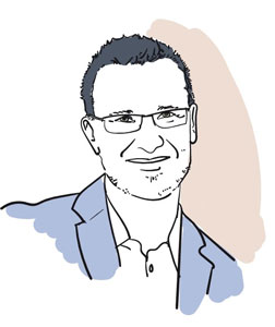 Illustration von dem Dermatologen Dr. Ivo Hohlfeld in einem blauen Anzug vor einem hellen Hintergrund