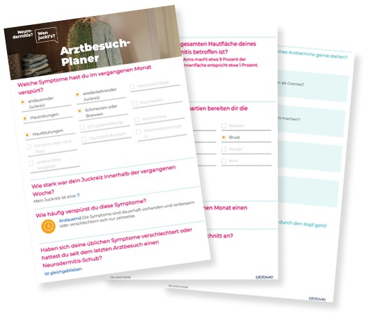 Drei Seiten eines Beispiels für den ausgefüllten Arztbesuch-Plan liegen aufgefächert nebeneinander.