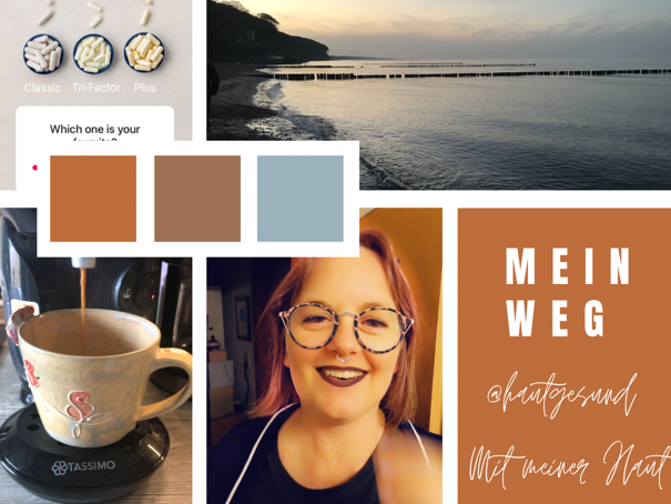 Neurodermitis-Kunstaktion #perspektivwechsel! – Collage verschiedener Fotos und Illustrationen: eine Frau, eine Kaffeetasse und das Meer.