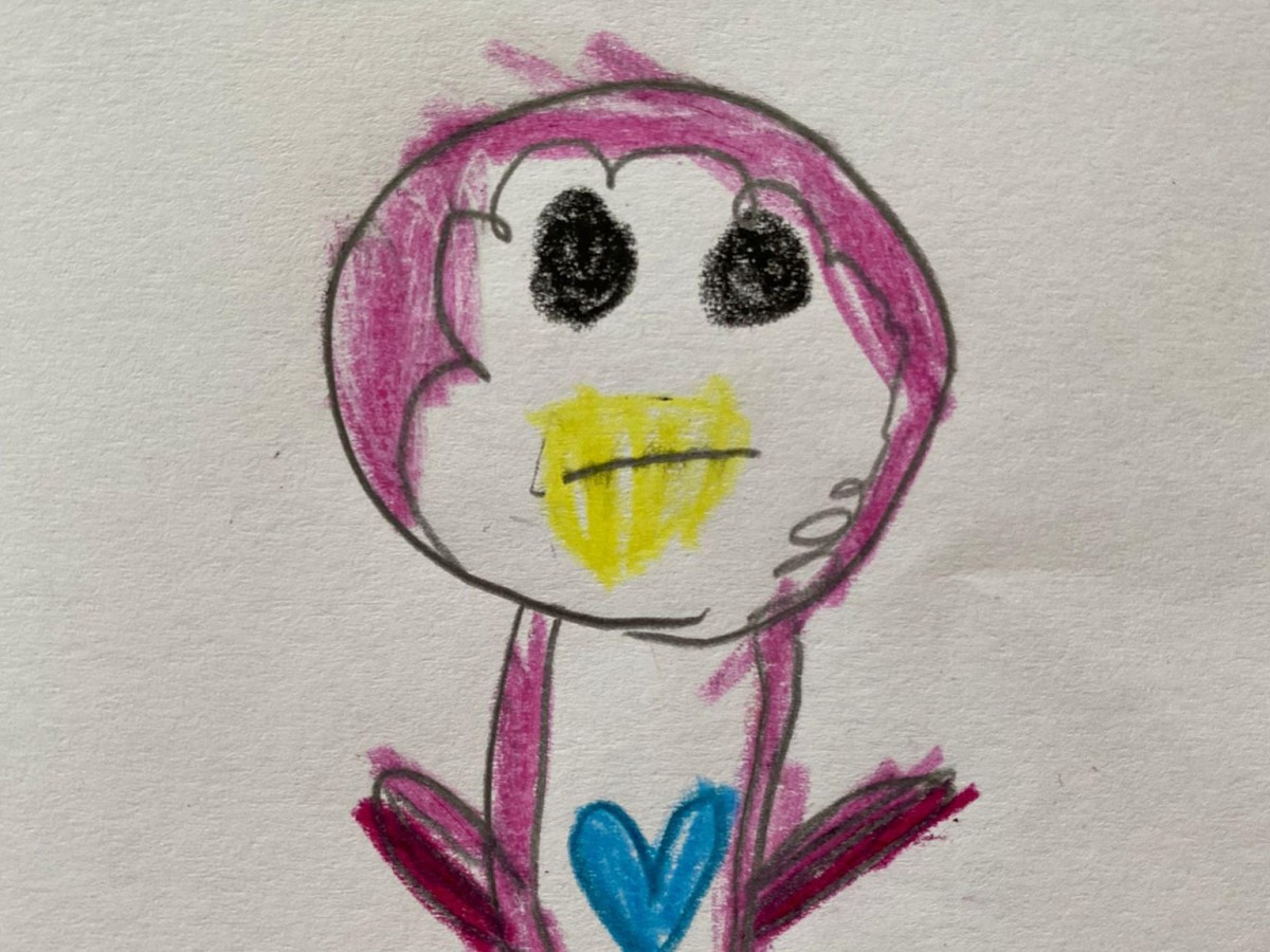 Neurodermitis-Kunstaktion #perspektivwechsel! – Zeichnung eines bunten Pinguins mit traurigem Gesicht und großem Herzen.