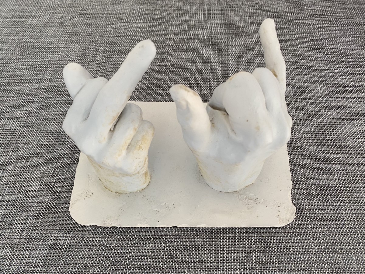 Neurodermitis-Kunstaktion #perspektivwechsel! – Ton-Skulptur zweier Hände: Eine zeigt den Mittelfinger, die andere spreizt Daumen und kleinen Finger. 